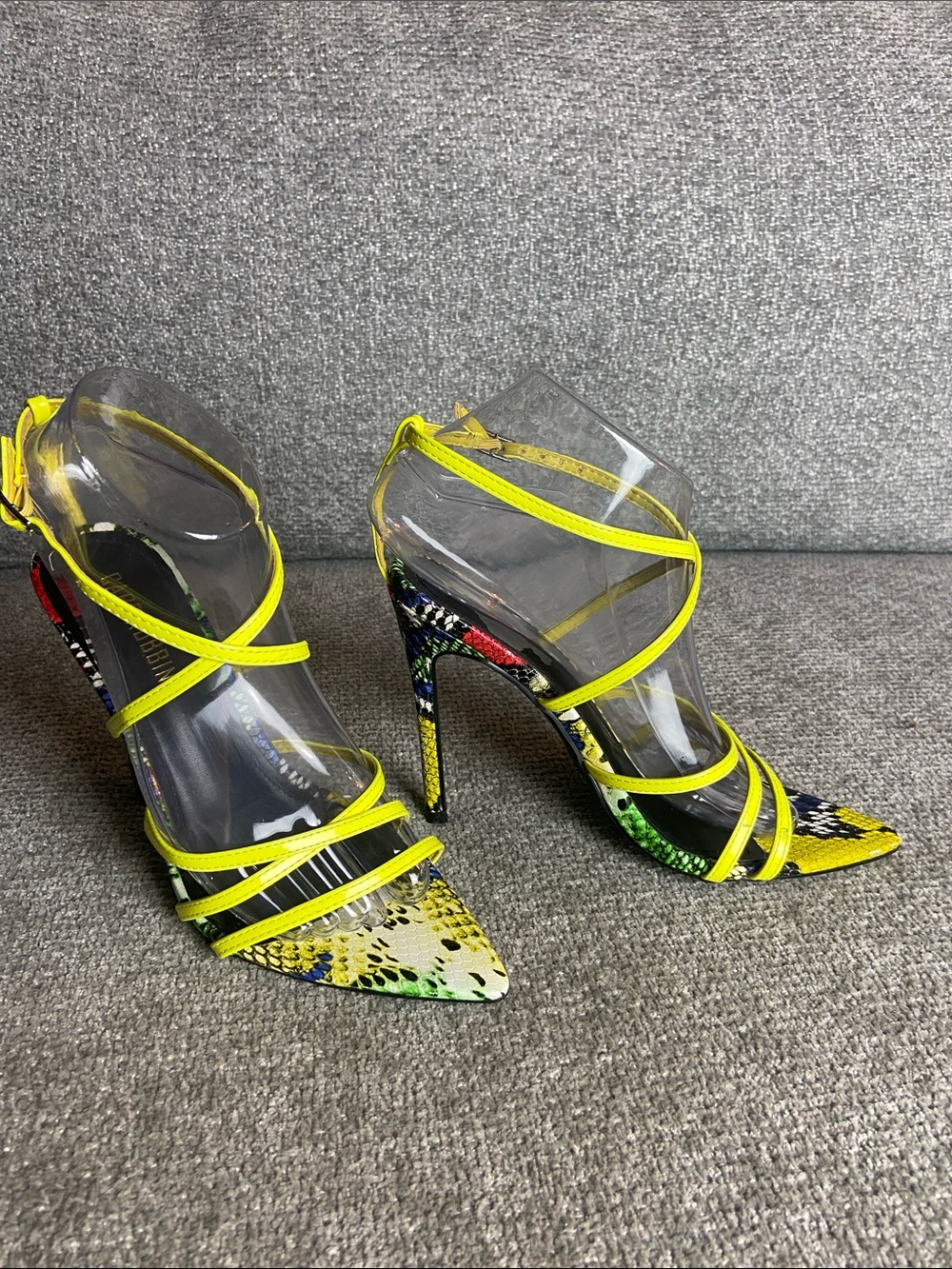 Cape Robbin Neon Yellow Multi Snake-Print Strappy Stiletto Heels 5.5